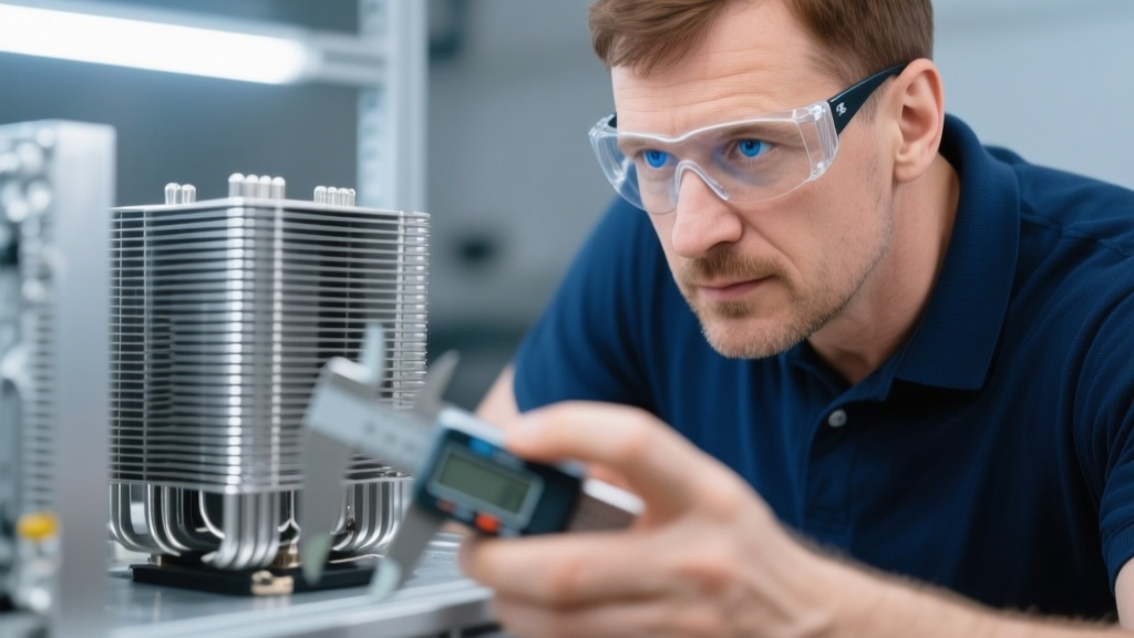 Инженер осматривает алюминиевые ребра теплообменника промышленного воздухоохладителя крупным планом