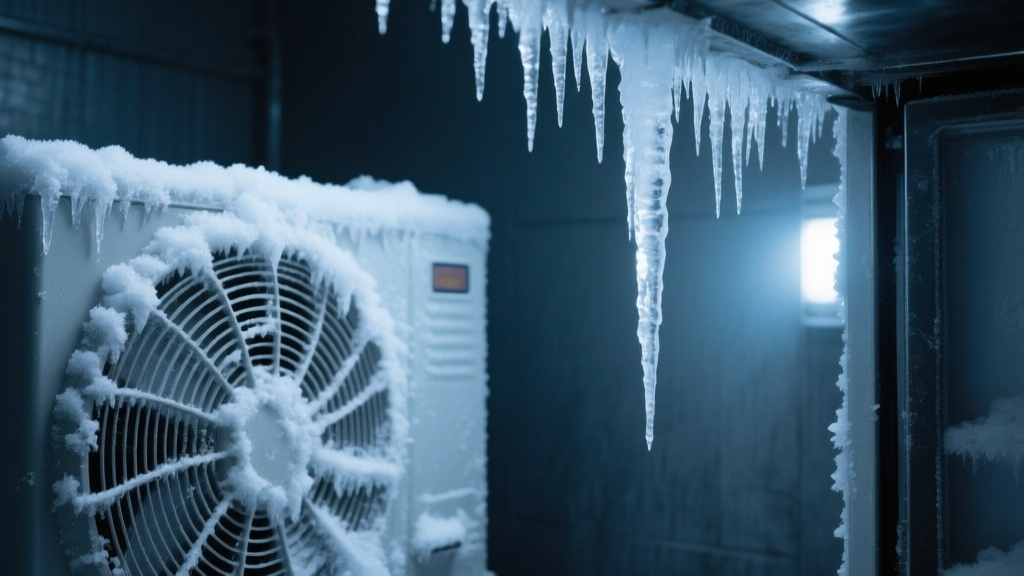 Передняя решетка промышленного воздухоохладителя, полностью забитая инеем и льдом из-за неисправности